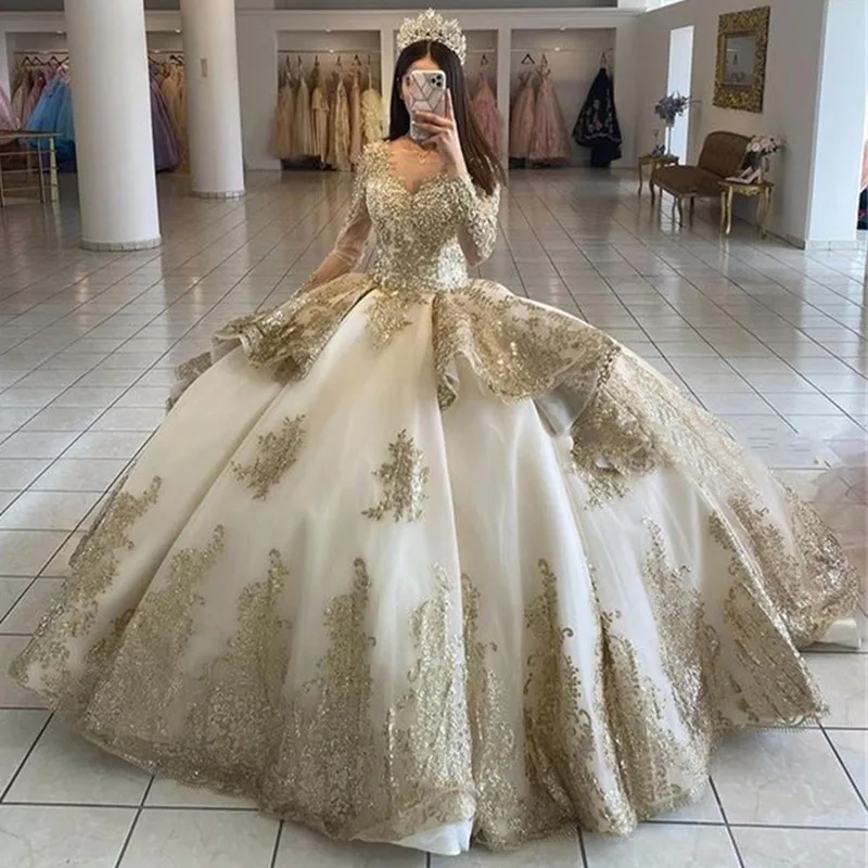 Gold Sweetheart Ball Gown Luxury Beaded Dresses With Long Sleeve Princess Sweet 16 Vestidos VF07