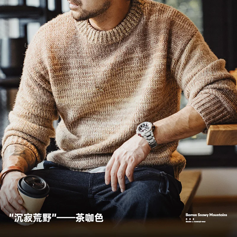 Maden Men's Autumn Winter American Vintage Gradient Stripe Sweater Pullover Round Neck Blended Knitwear 5