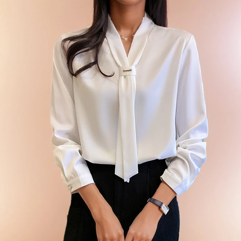 Haut Femme En Satin Polyester Avec Nœud - Manches Longues, Style élégant Décontracté, Neuf Avec étiquettes