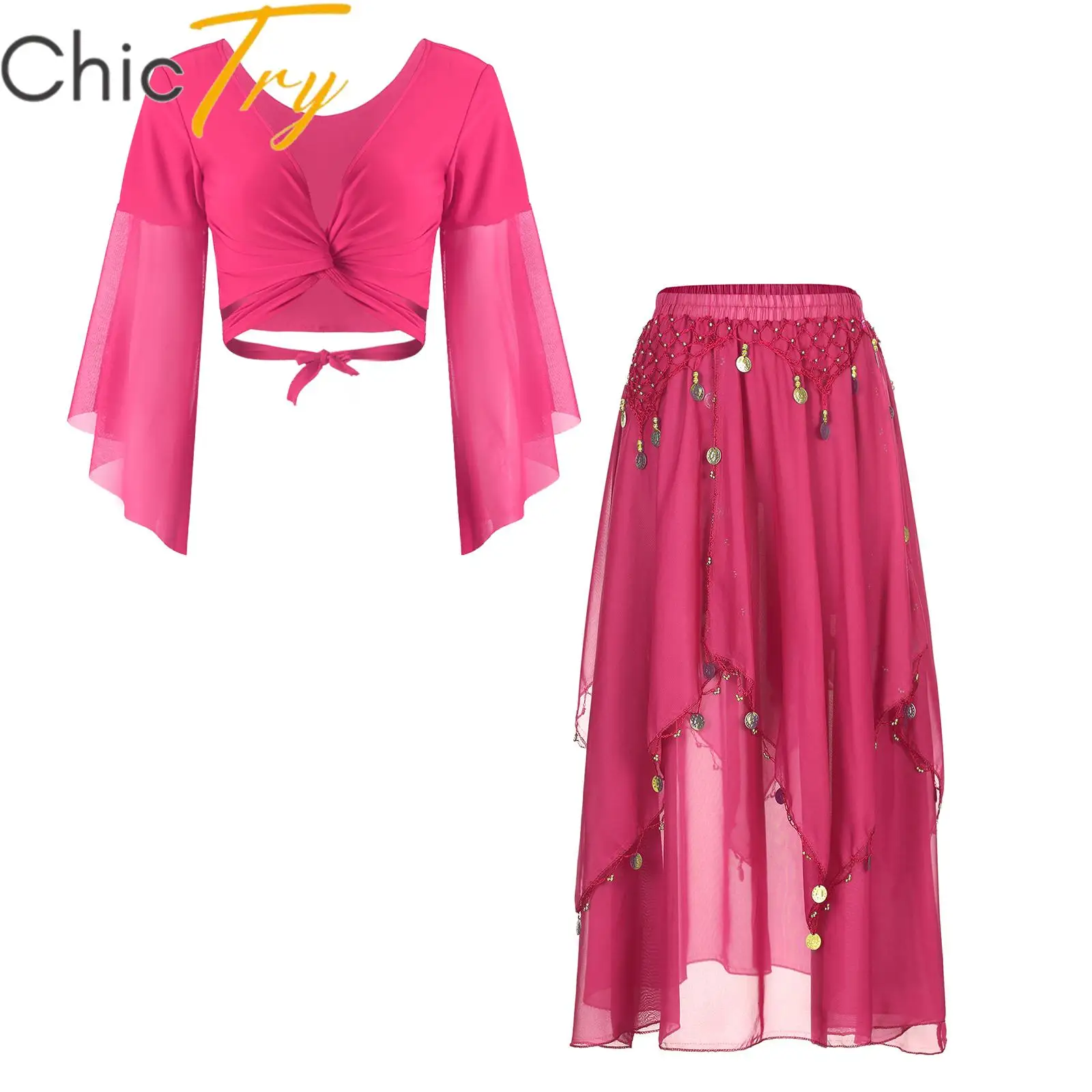 

Womens Belly Dance Set 3/4 Tulle Flare Sleeve Crop Top with Sequin Beaded Chiffon Skirt for Stage Performance Dance Show Costume