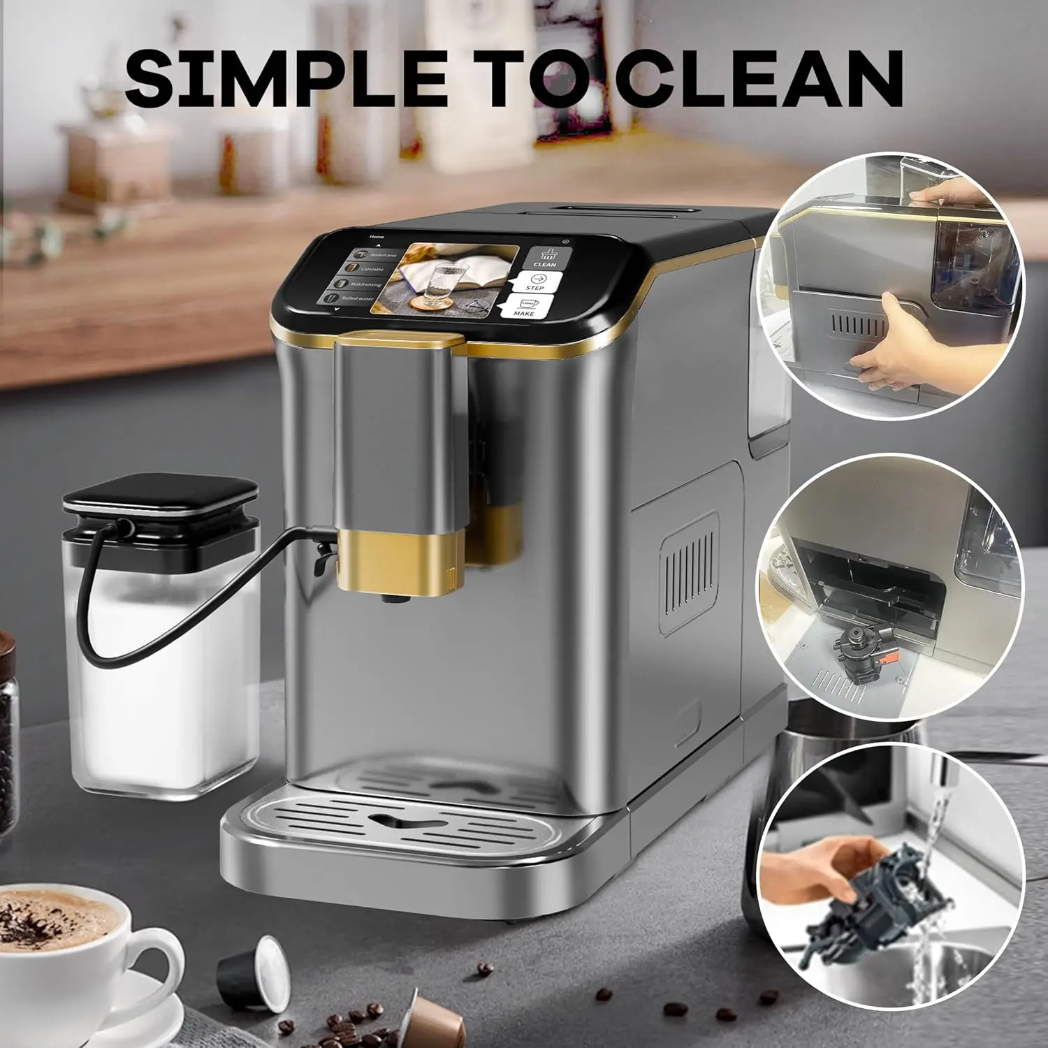 Grey Gold Fully Automatic Espresso Machine, 20 Bar Coffee Machine with Grinder & Automatic Milk Frother, One-Touch Control Panel 5
