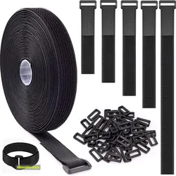 Reusable Hook and Loop Fastener Tape with Buckles - Cut - to - Length Nylon Self - Adhesive Strap Organizer - Width 20mm (2M with 10 buckles)