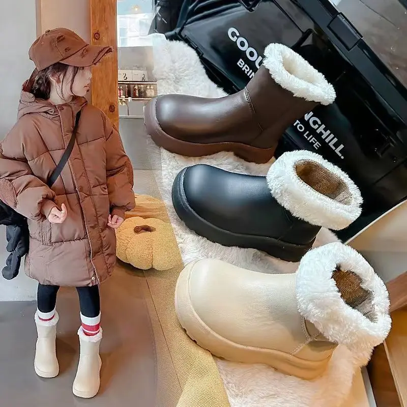 

Winter Girls' Cotton Boots New Style Plucked Warm Fashion Short Boots 2023 Girls' Thick Sole Leather Boots Children's Shoe