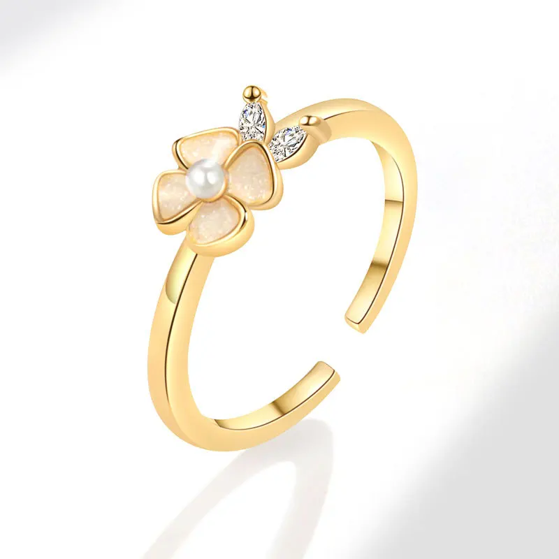 

Zircon Flower Rings For Women Gold Color Stainless Steel Opening Camellia Ring Wedding Aesthetic Party Christmas Jewelry Gift