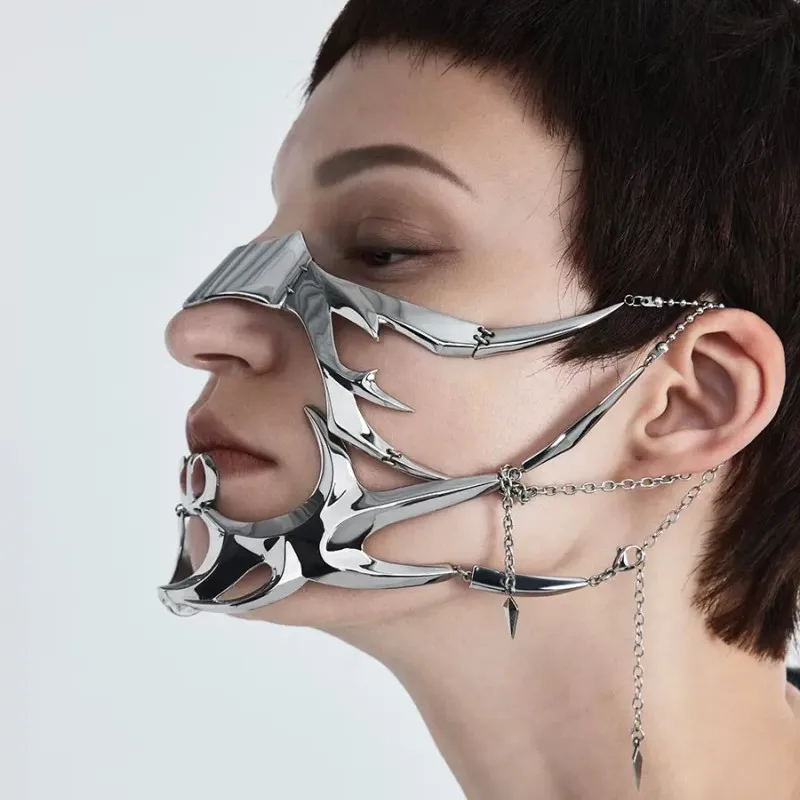CyberPunk Mask Liquid Irregular Silver Color Hollow Titanium Steel Facial Accessories Earring for Women Men Party