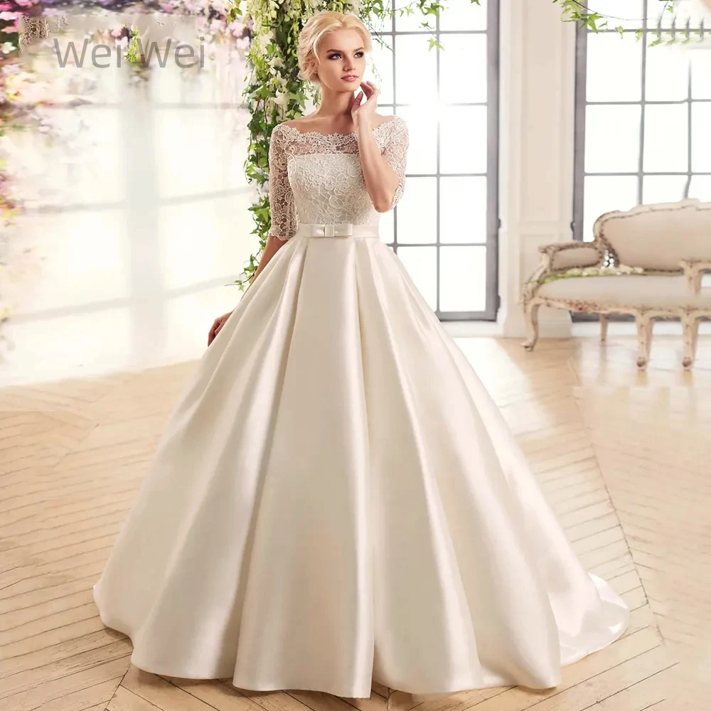 

New Graceful A-Line Wedding Dress for women Boat Neck Half Sleeve Bowknot Belt With Button Back Lace Applique Satin Sweep Train