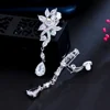 CWWZircons No Ear Hole Style Cubic Zircon Flower Drop Women Wedding Bridal Party Long Clip on Earrings without Piercing CZ274 4