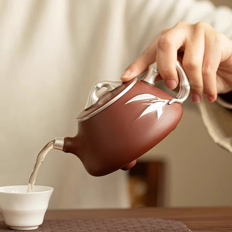 Chinese Style Silvering Bamboo Pattern Teapot, Purple Clay Raw Ore Dahongpao, Kung Fu Household, Handmade, 230ml, Pots, New, 1Pc