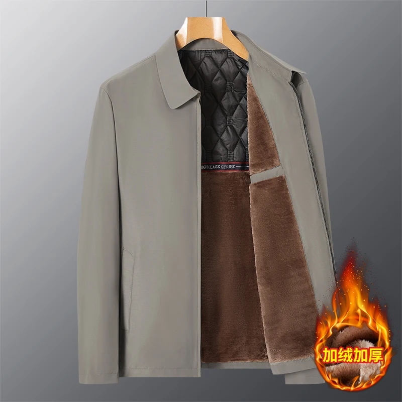 Spring Casual Business Men Jacket Fleece Coats Slim Turn Down Collar Zipper Simple Middle-Aged Elderly Clothes Office Outerwear 6