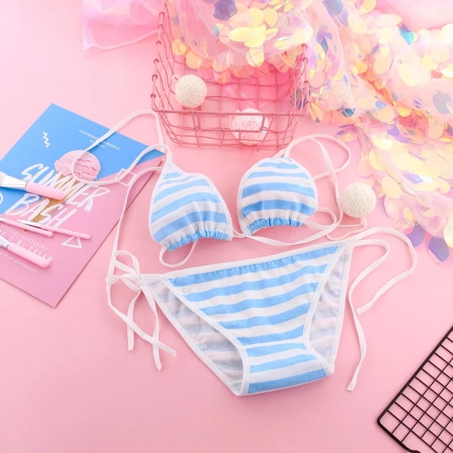 Japon Sexy Lingerie Lolita Kawaii bleu rose blanc rayé Mini Bikini adulte Cosplay femmes soutien-gorge ensemble de sous-vêtements Frenum maillot de bain 1