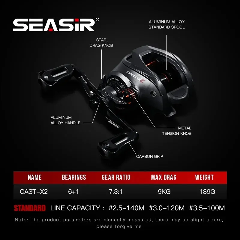 SEASIR Cast X2 Baitcasting Reel 7.3:1 Hybrid Ceramic Bearing Carbon Fiber Washer Dual Bearing System N52 Brake Fishing Reels