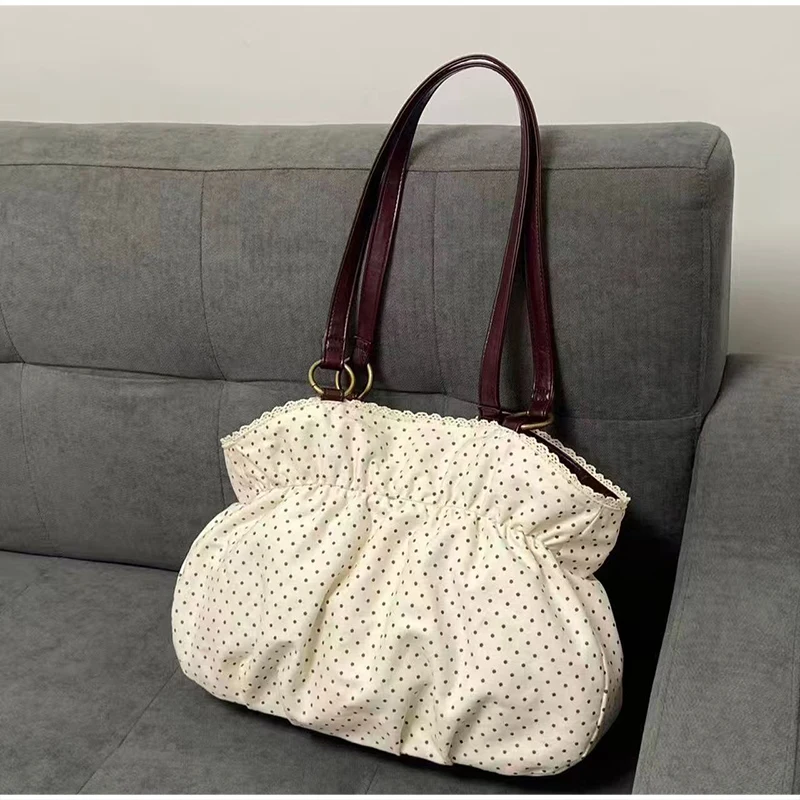 Vintage Polka Dot Bow Unterarm-Umhängetasche, japanische Retro-Damen-Einkaufstasche, Y2k-Lolita-Mädchen, leichte, mühelose, schicke Handtasche – Detail 12