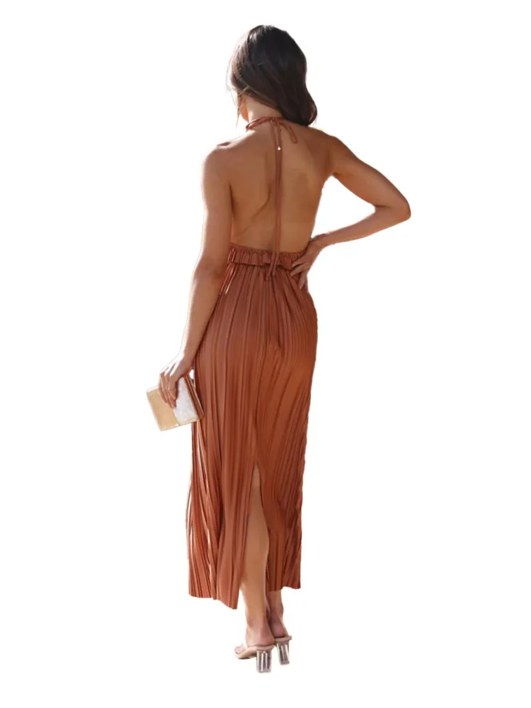 Solid Color Folds Skirt Two Piece Set Women Sexy Backless Halter