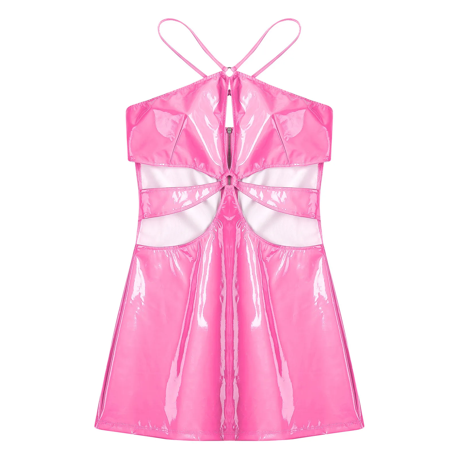 Womens Wet Look Latex Mini Dress PU Leather Lingerie Halter Bodycon Dress Latex Catsuit Hollow Out Short Dress Rave Clubwear 3