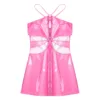 Womens Wet Look Latex Mini Dress PU Leather Lingerie Halter Bodycon Dress Latex Catsuit Hollow Out Short Dress Rave Clubwear 3