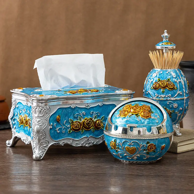 Home living room, office, tissue storage box, Toothpick box, European light luxury pressing toothpick container, tissue box set 3