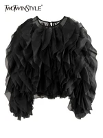 Twotwinstyle المرأة المرقعة الكشكشة قميص بلوزة أنيقة مع الرقبة المستديرة طويلة الأكمام بلون موضة نمط جديد 1