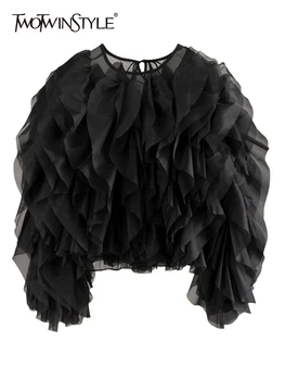 Twotwinstyle المرأة المرقعة الكشكشة قميص بلوزة أنيقة مع الرقبة المستديرة طويلة الأكمام بلون موضة نمط جديد 1