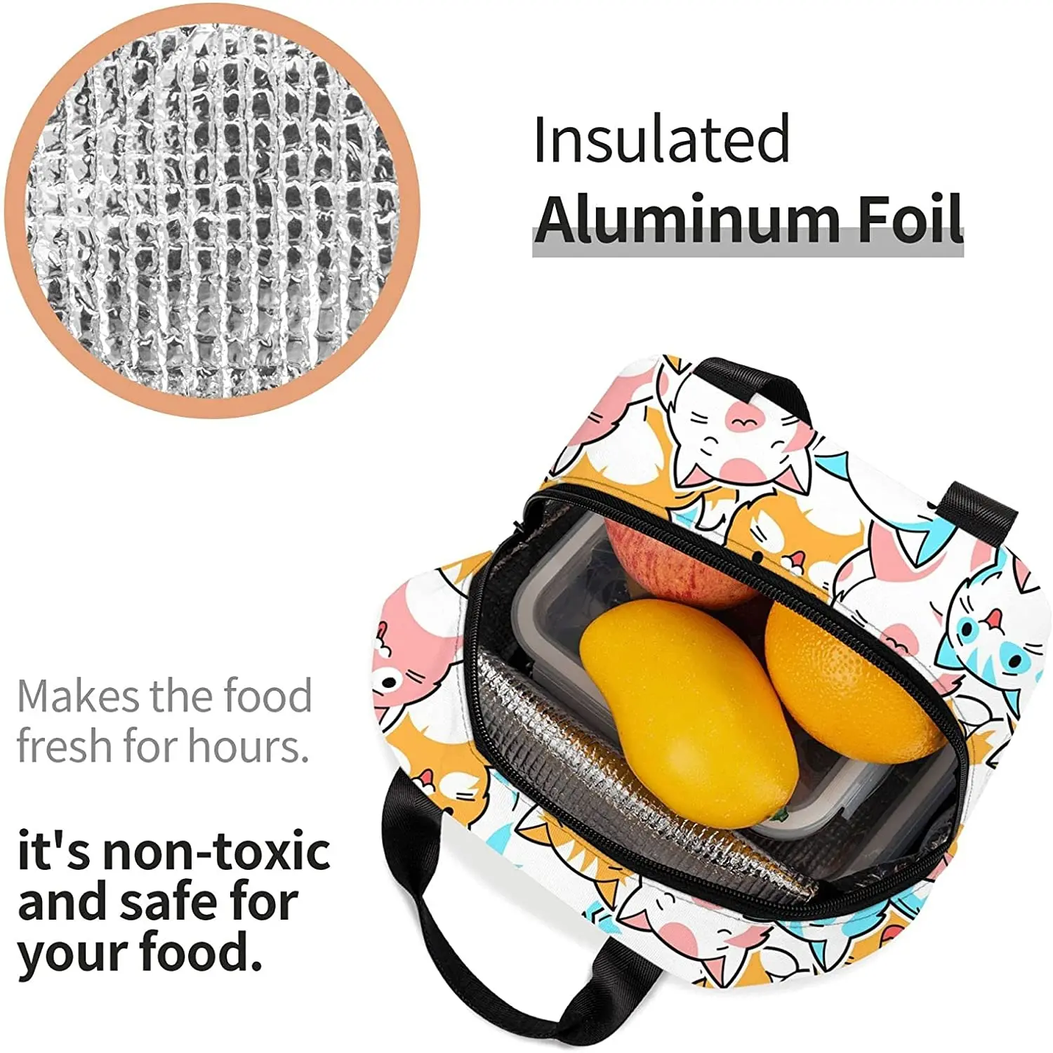 Kawaii Cats Fun Animal Lunch Bag Tote Bag Lunch Bag For Lunch Box Insulated Lunch Container For Schools Work Travel Outdoors