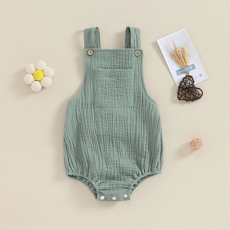 

Newborn Baby Boy Girl Summer Clothes Solid Color Sleeveless Cotton Linen Suspender Romper Overalls
