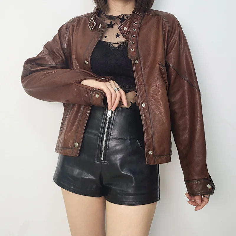 Genuine Sheepskin Leather Jackets Women Windproof Motorcycle Leather Coat Biker Jackets Single-Breasted 2022 New Fashion GR3786