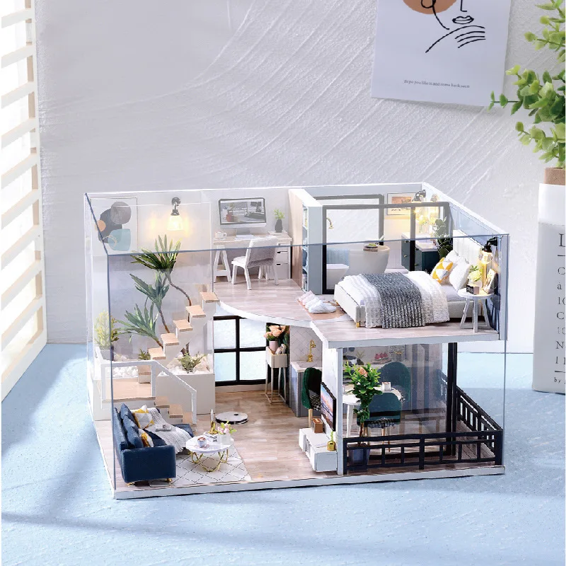 DIY Wooden Miniature Model Kit Girls Modern Loft Casa Doll Houses 3D Puzzle Dollhouse With Furniture LED Lights for Friends Gift 3