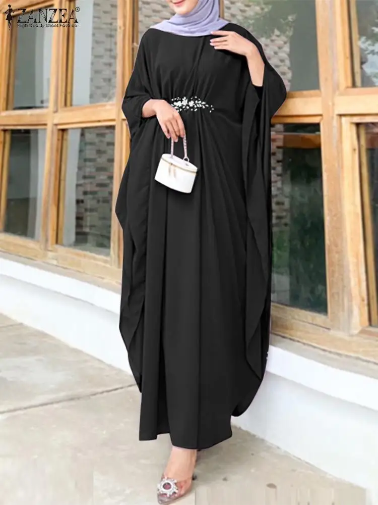 

ZANZEA Women Autumn Sundress Women Dubai Turkey Abaya Hijab Vestido Kaftan Fashion Batwing Sleeve Solid Muslim Dress Robe Femme