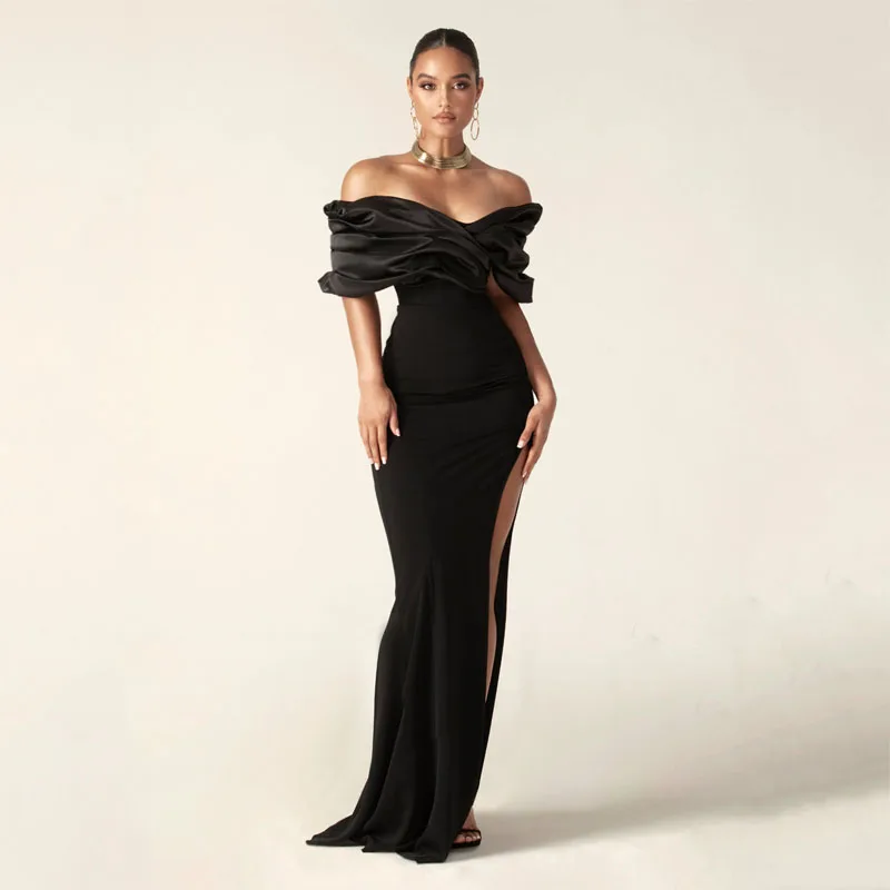Black Simple Elegant Mermaid Evening Dresses Satin Pleated Off Shoulder Split Women Formal Prom Pageant Gowns Custom Made