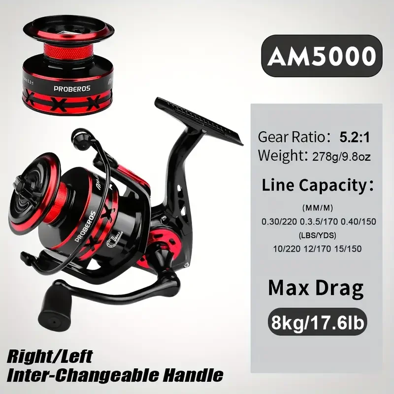 PROBEROS Fishing Reel 5.2:1 1000-6000 Max Drag 9KG Spinning Reels