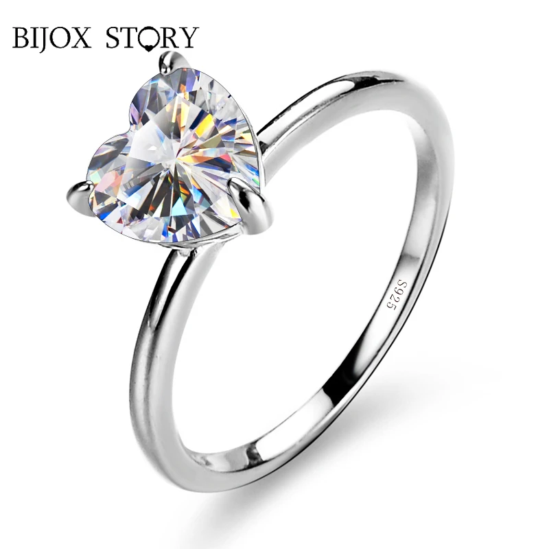 

BIJOX STORY Cute 2 Carat Moissanite Ring for Women S925 Sterling Silver Romantic Heart Shape Engagement Ring for Female Couple