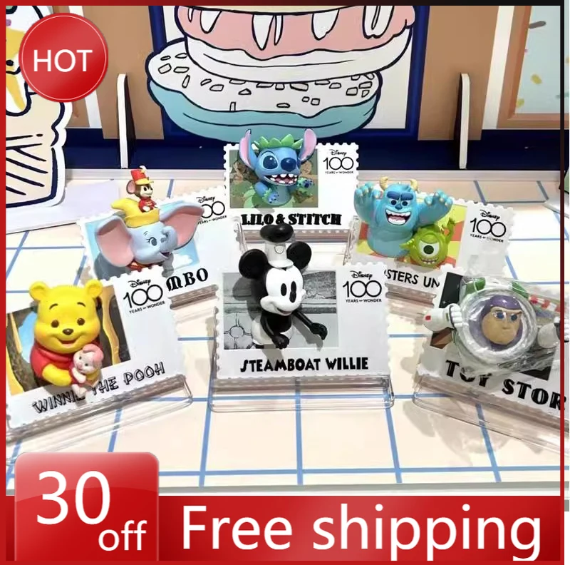 Disney 100 Anniversary Vintage Stamp Blind Box Figure Stitch Pooh Bear Figure Frigorifero Magnet Anime Action Collection Toys