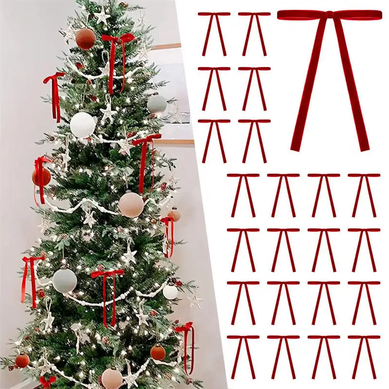 10pcs/set Red Christmas Bow Mini Xmas Tree Bowknot Pendant Ornaments For Home Decoration New Year Party DIY Gifts