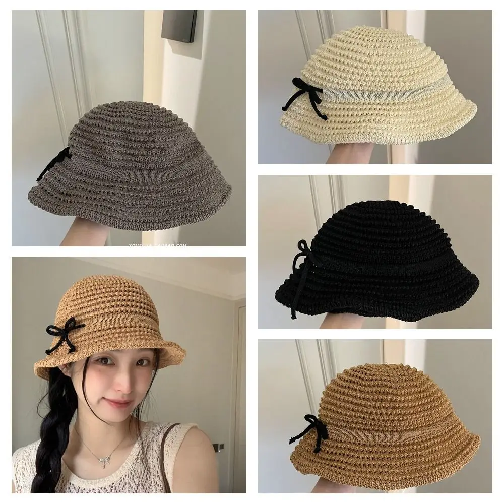 

Crochet Sweet Sun Hat Fashion Wide Brim UV Protection Knitted Bucket Hat Sun Protection Solid Color Bow Sunshade Hat Outdoor