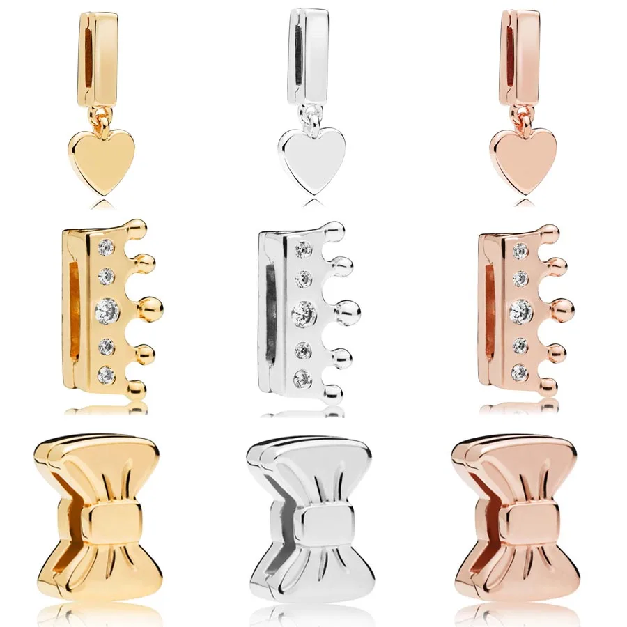 

Authentic 925 Sterling Silver Gold Sliver Rose Color Floating Heart Crown Bow Reflexions Fit Pandora Bracelet & Necklace Jewelry