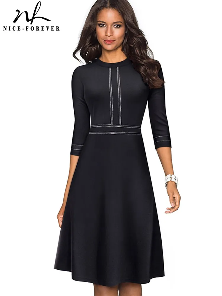 Nice-forever Vintage Elegant Patchwork Round neck Pinup Female vestidos Business Party Flare A-Line Retro Women Dress A135