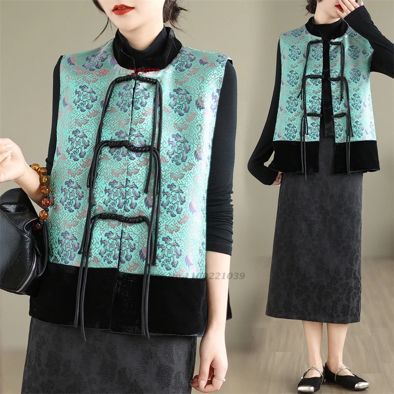 

2024 chinese vintage hanfu tops traditional ethnic flower print vest national sleeveless jacket stand collar tang suit vest