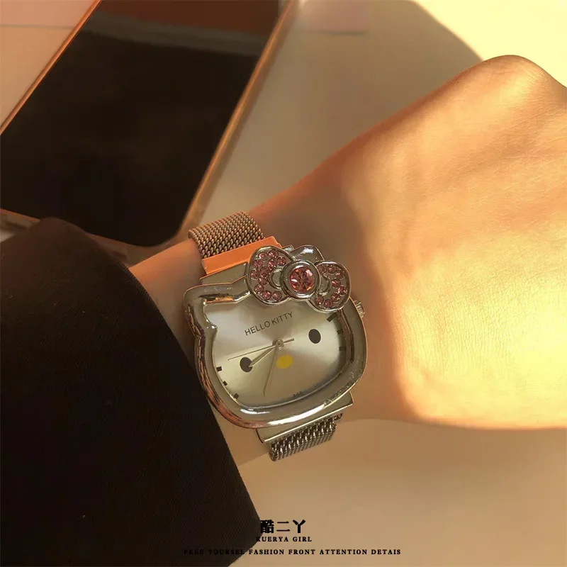 

Hello Kitty Watch Metal Vintage Diamond Bow Ladies Watchs Kawaii Girl Birthday Gift Cute Cartoon Anime Student Magnet Strap