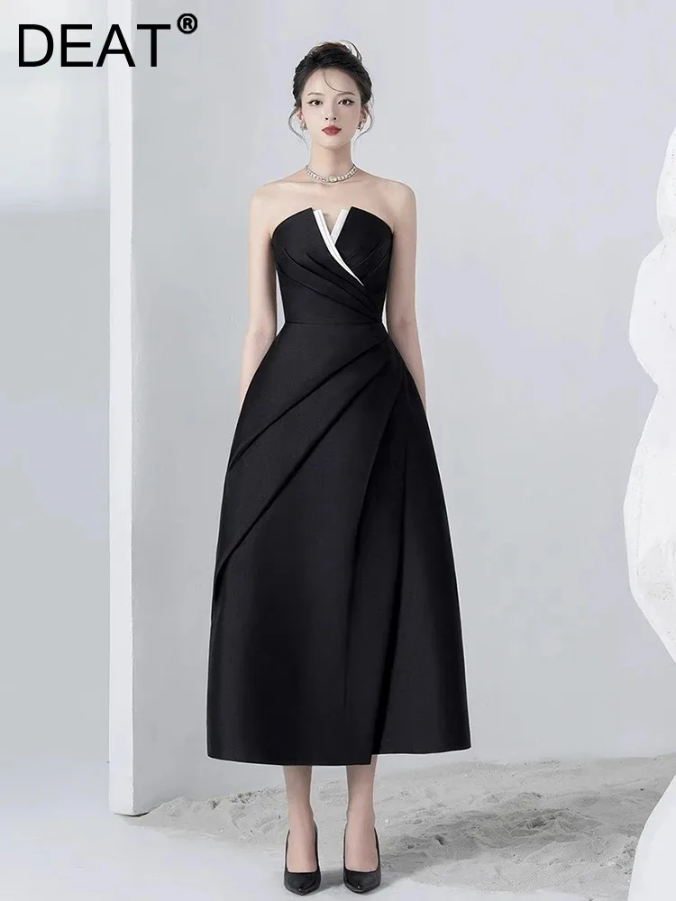 

DEAT Women's Strapless Pleated Fashion Dress Spring 2024 A-line High Waist Contrast Color Elegant Dresses Female New 13DB5033