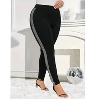 Plus Size New Women's Casual Rhinestone-Trimmed Tight Leggings - Stretchy Solid Color All-Season Machine Washable