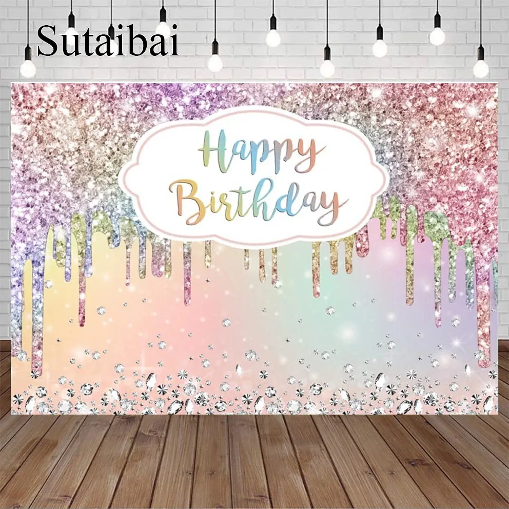 

Happy Birthday Backdrop for Party Glitter Rainbow Colorful Bokeh Birthday Background for Photography Shinning Silver Diamonds
