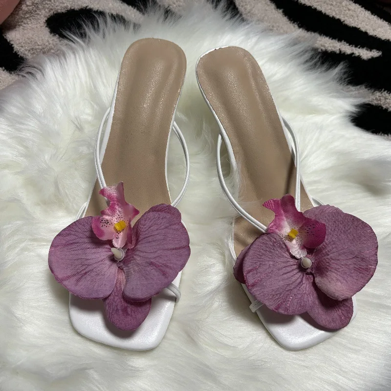 Orchid Flower Floral Square Toe Prom Slingback Heels for Women women slippers