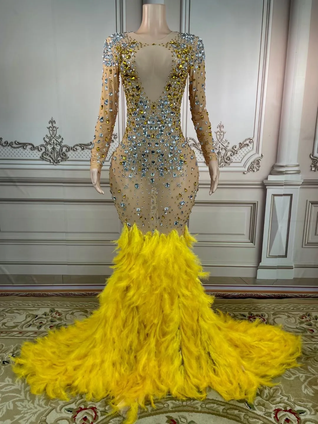 

Shining Rhinestones Crystal Yellow Feathers Long Mermaid Dress For Women Festival Wedding Clothing Ballroom Show Stage Costumes