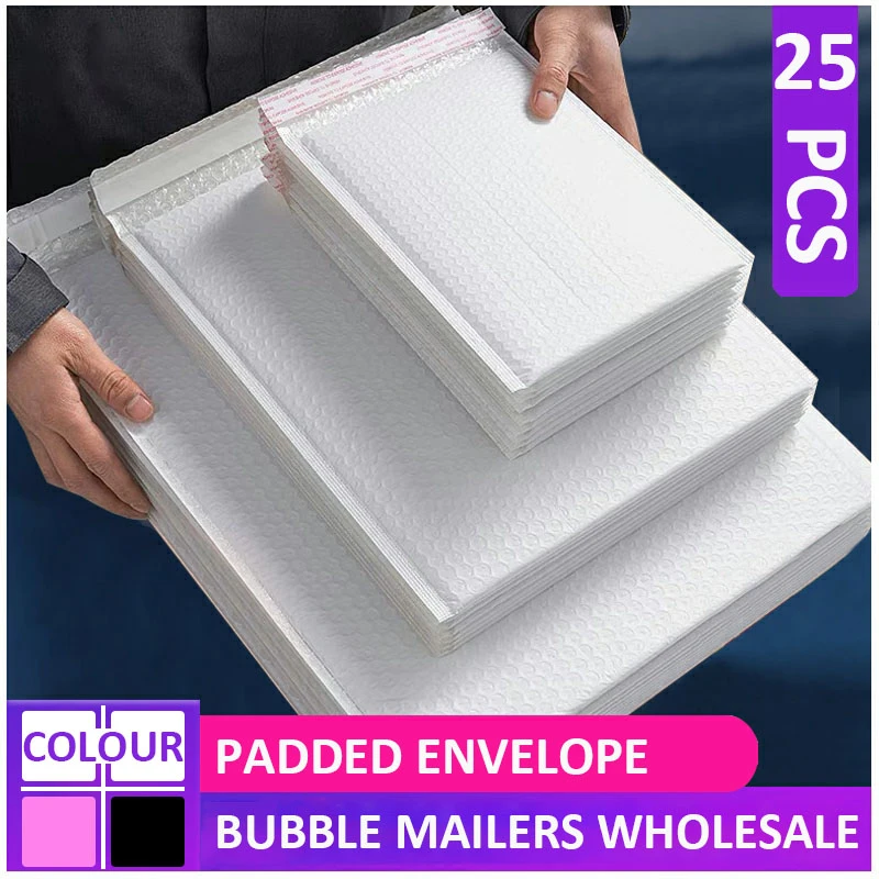 Sobres acolchados de burbujas de 25 piezas, venta al por mayor, color  blanco, para embalaje, envío por correo, bolsas con autosellado, color  negro y rosa| | - AliExpress