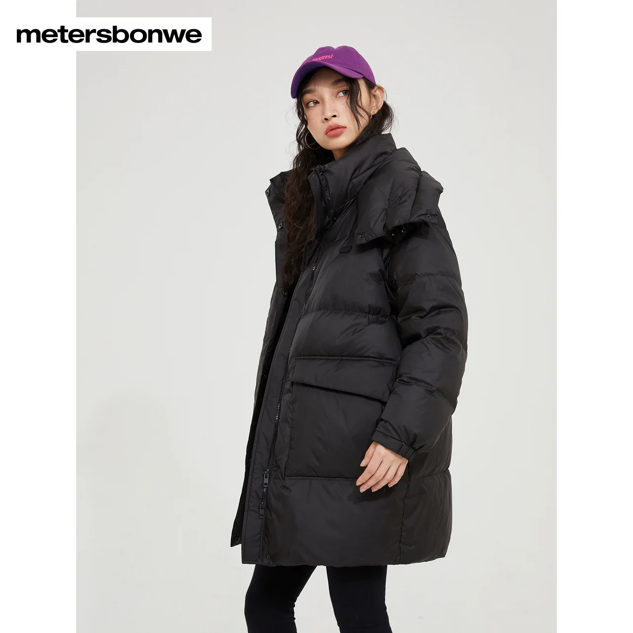 Metersbonwe Women's 22New Winter Remove Scarf Collar Buckle Medium Length Standing Cllar Down Jacket Pure Color Thick Warm Wear