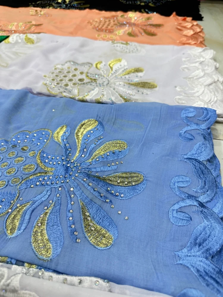 2024 l;uxury best Muslim 100% Cotton Dubai Pitch Color Scarf Hijab Headtie Turban Scarf Circle Embroidery Big Size Cotton Shawls