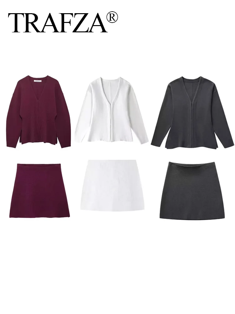 TRAFZA 2024 Autumn Slim Skirts Sets Wine Red Solid V-Neck Long Sleeve Cardigan+ A Line Mini Skirts Mujer Roupas Casual Street 3
