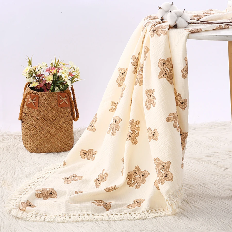 Baby Swaddle Blanket Pure Cotton Muslin Wrap Newborn Stroller Cover Soft Breathable Crib Bedding with Tassel - 6