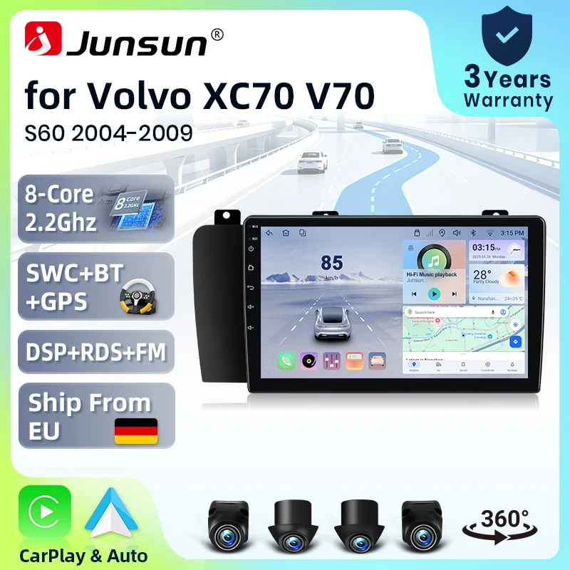Sistema Estéreo Inteligente Junsun de 9 Pulgadas con Android 15 para Volvo XC70 V70 S60 2004-2009, Radio para Auto, CarPlay Inalámbrico, Voz AI, Pantalla Táctil IPS, Reproductor Multimedia Inteligente, Unidad Principal 2 Din, Navegador GPS, Mirror Link, Bluetooth Automotriz, 4G, DSP de 8 Núcleos, RDS, SWC 1