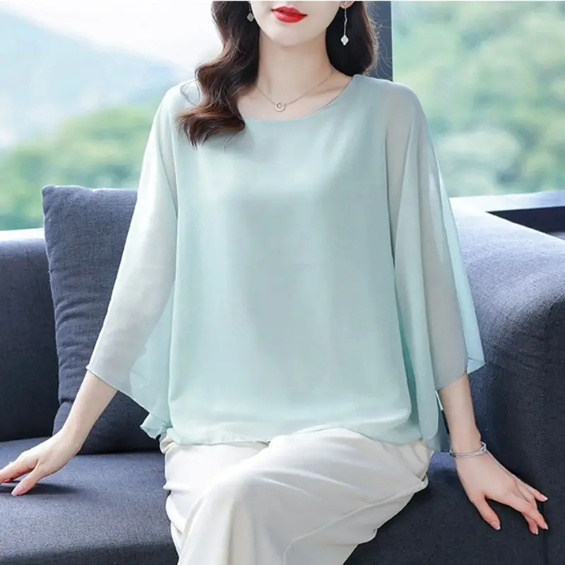 

2024 Women's Summer O-Neck Patchwork Fashion Solid Color Batwing Sleeve Office Lady Casual Blouse Short Sleeved Shirts Blouses