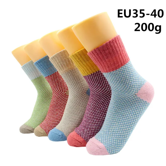 5 Pairs Winter Warmer Women Thicken Thermal Wool Cashmere Snow Socks Fashion Casual Euramerican National Wool Socks for Women 5 Pairs -YM001